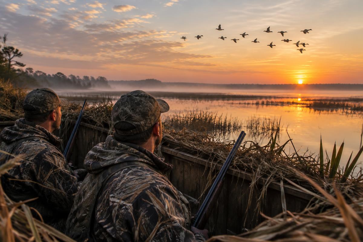 Duck hunters watching birds from a wetland blind at sunrise